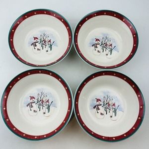Royal Seasons Snowmen 4 Soup Bowl Lot 6.75" Cereal Red Band Dots Green‎ Trim